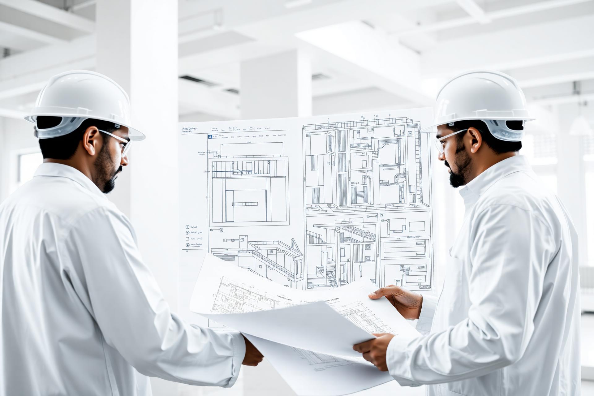 مهندسون يراجعون مخططات مشروع إنشائي